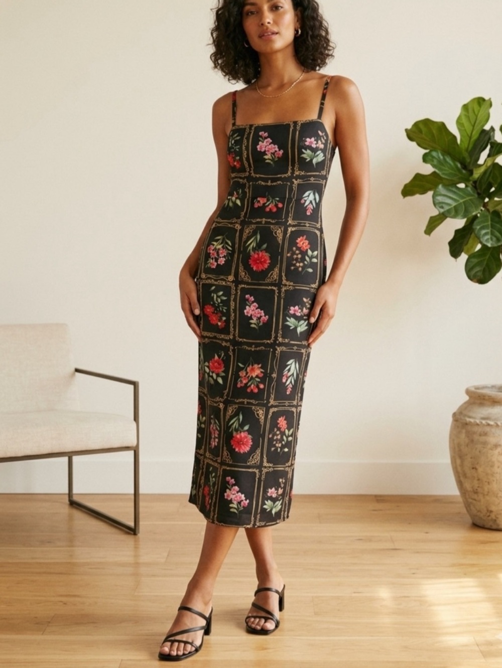 TAYLOR Chic Vintage-Inspired Floral Patchwork Midi Slip Dress in Black Size 8